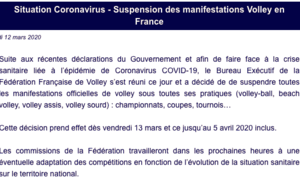 Coronavirus : entrainements et compétitions suspendues !